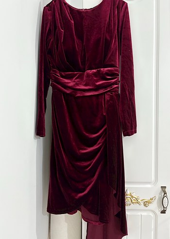 Bordo Uzun Kollu Drapeli Kadın Abiye Elbise - Görsel 2