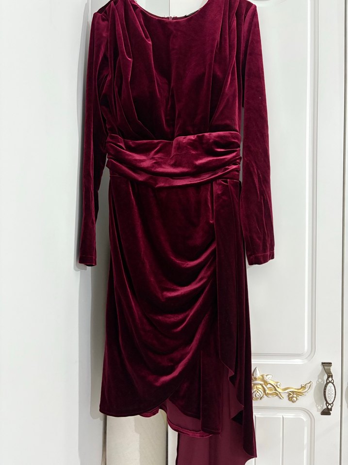 Bordo Uzun Kollu Drapeli Kadın Abiye Elbise - Görsel 2