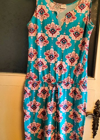 Turkuaz Renkli V Yakalı Bohem Tulum - Görsel 2