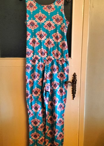 Turkuaz Renkli V Yakalı Bohem Tulum - Görsel 4