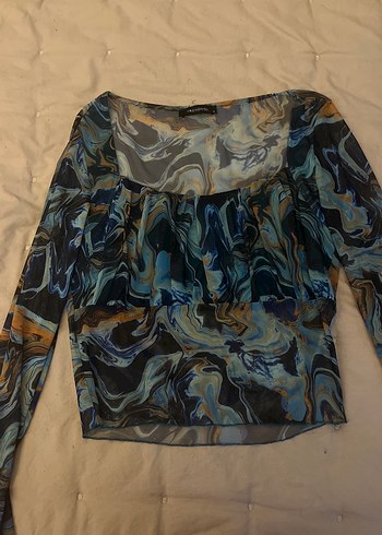 Uzun Kollu Mavi Batik Desenli Bohem Bluz