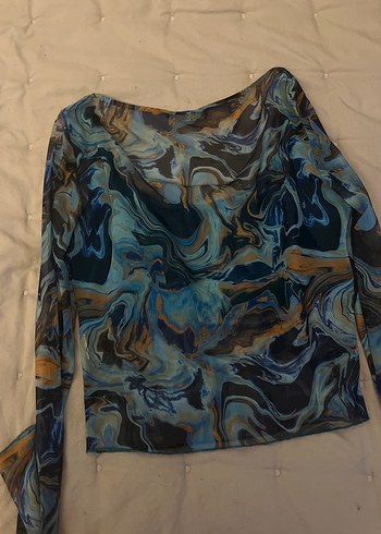 s Beden Uzun Kollu Mavi Batik Desenli Bohem Bluz