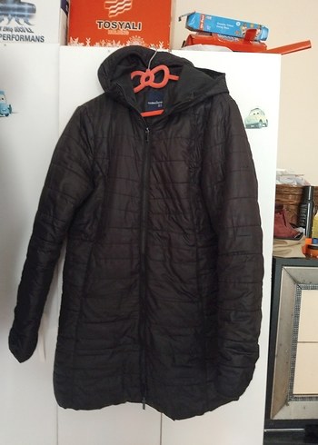Collezione Fermuarlı Siyah Kadın Midi Kaban Kapüşonlu
