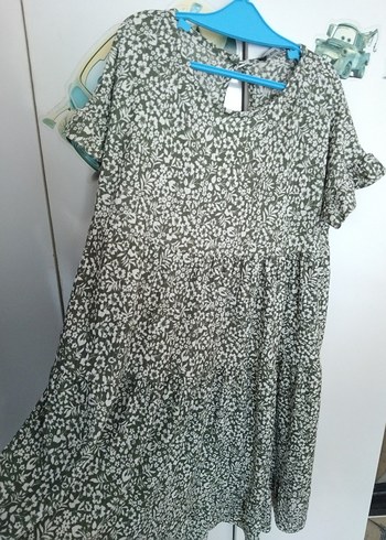 H&M Gri Midi Boy Volanlı Günlük Elbise