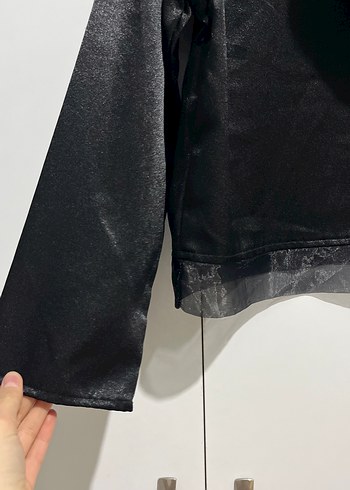 Siyah Kapüşonlu tül saten bluz - Görsel 8