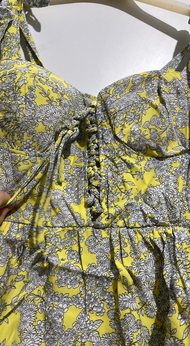 Sarı Gri Fırfırlı Mini Bohem Elbise - Görsel 3