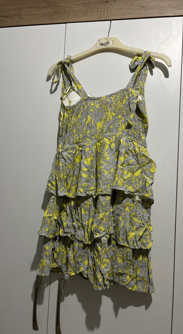 Sarı Gri Fırfırlı Mini Bohem Elbise - Görsel 2