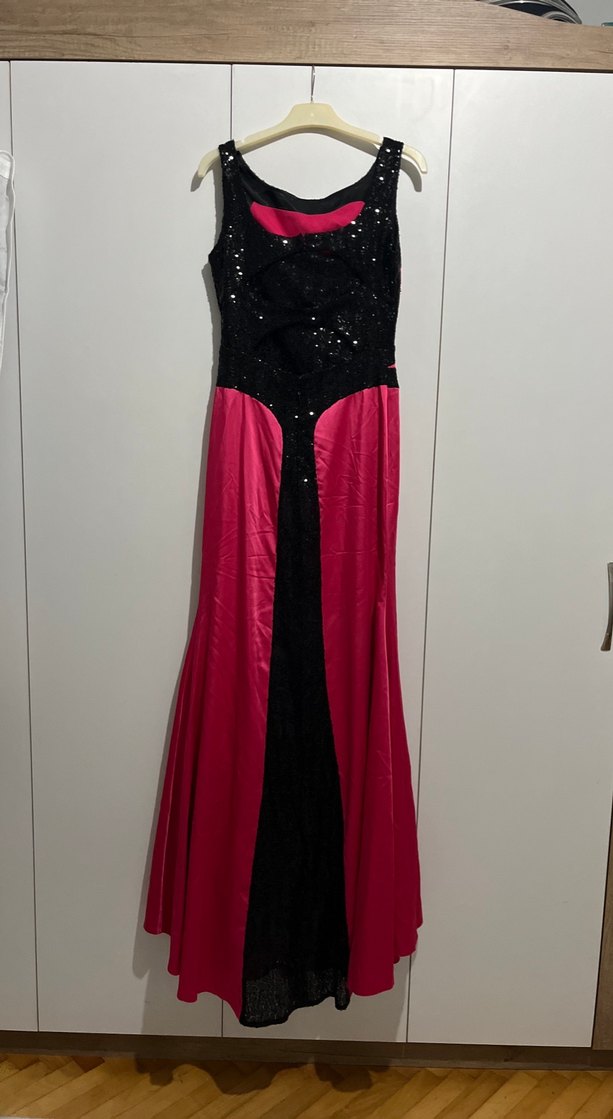 Pembe Uzun Abiye Elbise Siyah Pul Detaylı - Görsel 4