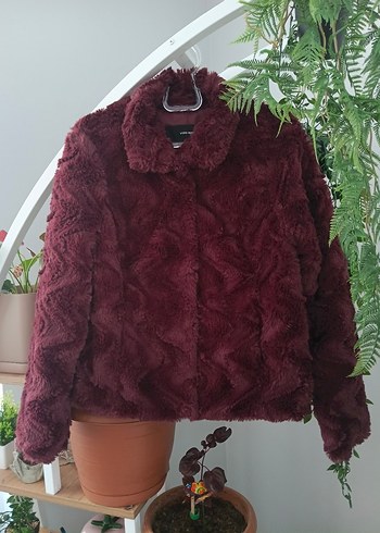 42 Beden bordo Renk Bordo Kürk Detaylı Kadın Peluş Ceket