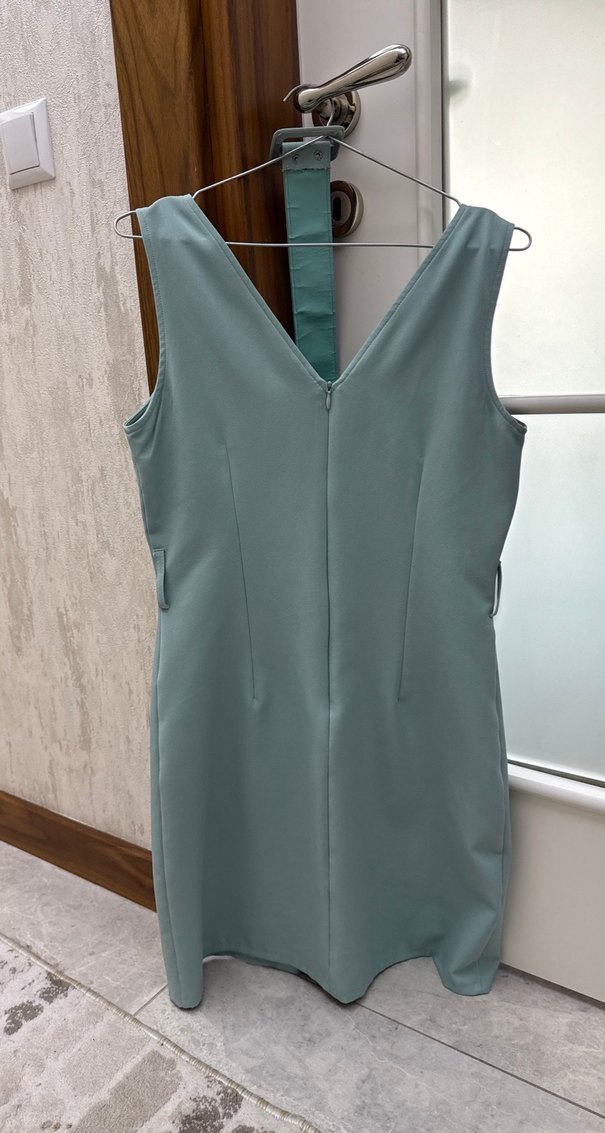 Turkuaz Drapeli Midi Kadın Elbise - Görsel 3