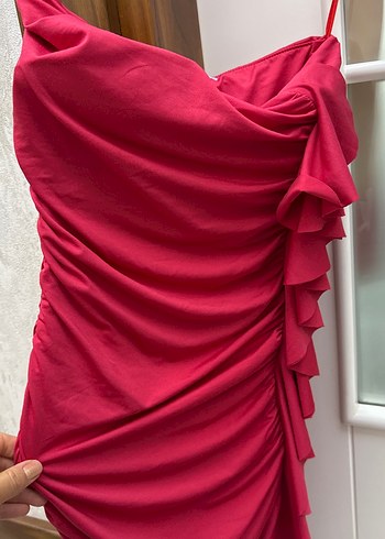 Kırmızı Drapeli Straplez Uzun Abiye Elbise - Görsel 2