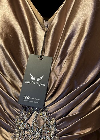 Bej Drapeli V Yaka Uzun Abiye Elbise - Görsel 4