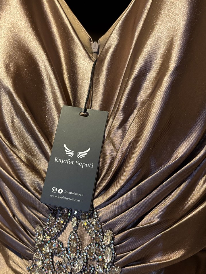 Bej Drapeli V Yaka Uzun Abiye Elbise - Görsel 4