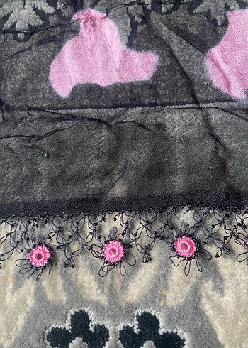 İğne oyası Detaylı Pembe Siyah Kadın Fular Eşarp - Görsel 3