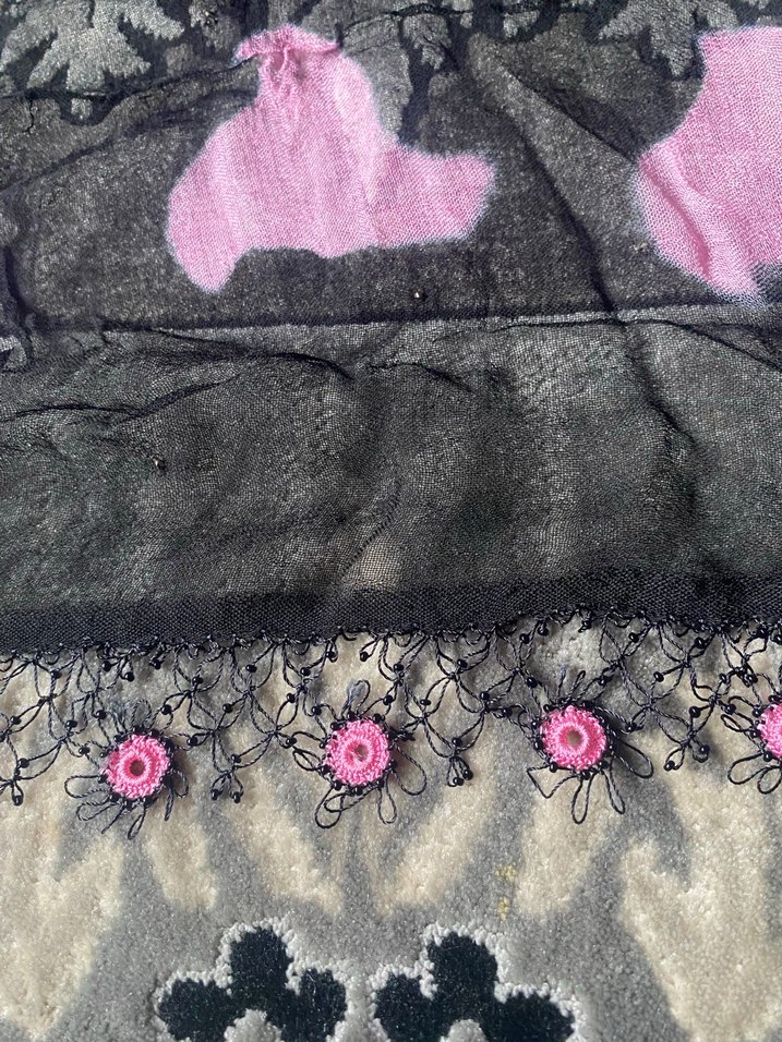 İğne oyası Detaylı Pembe Siyah Kadın Fular Eşarp - Görsel 3