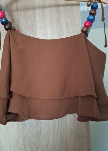 Boncuk Detaylı Kahverengi Straplez Bluz - Görsel 6