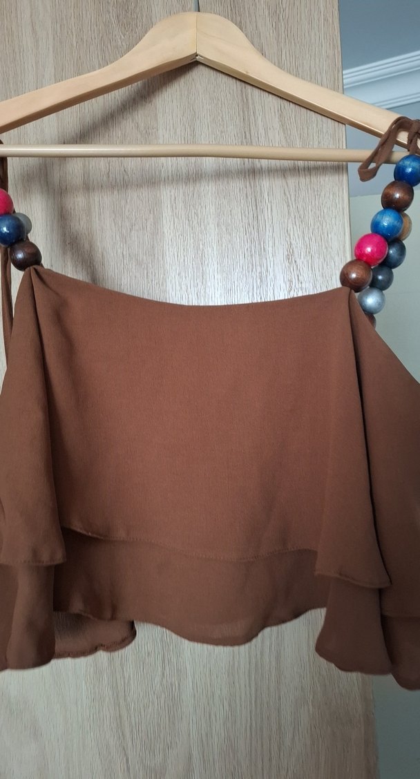 Boncuk Detaylı Kahverengi Straplez Bluz - Görsel 2