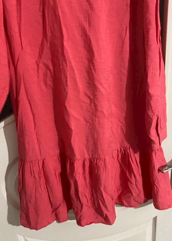 Düğmeli Kırmızı Keten Midi Tunik - Görsel 3