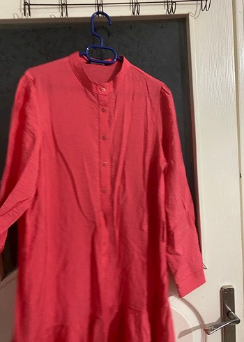Düğmeli Kırmızı Keten Midi Tunik - Görsel 2