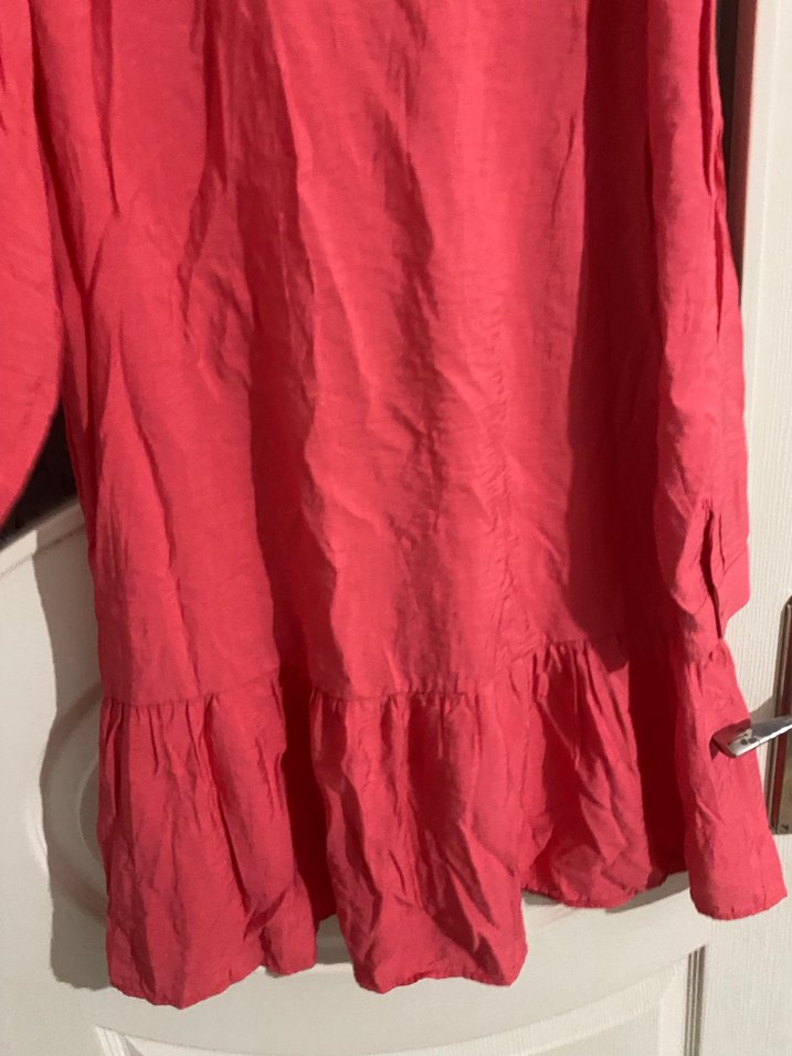 Düğmeli Kırmızı Keten Midi Tunik - Görsel 3