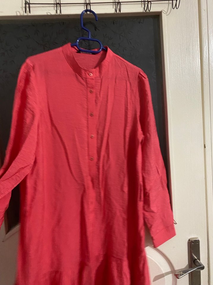 Düğmeli Kırmızı Keten Midi Tunik - Görsel 2