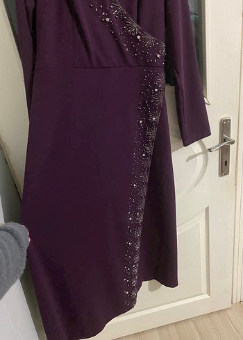 Mor Uzun Kollu İşlemeli Abiye Elbise - Görsel 7