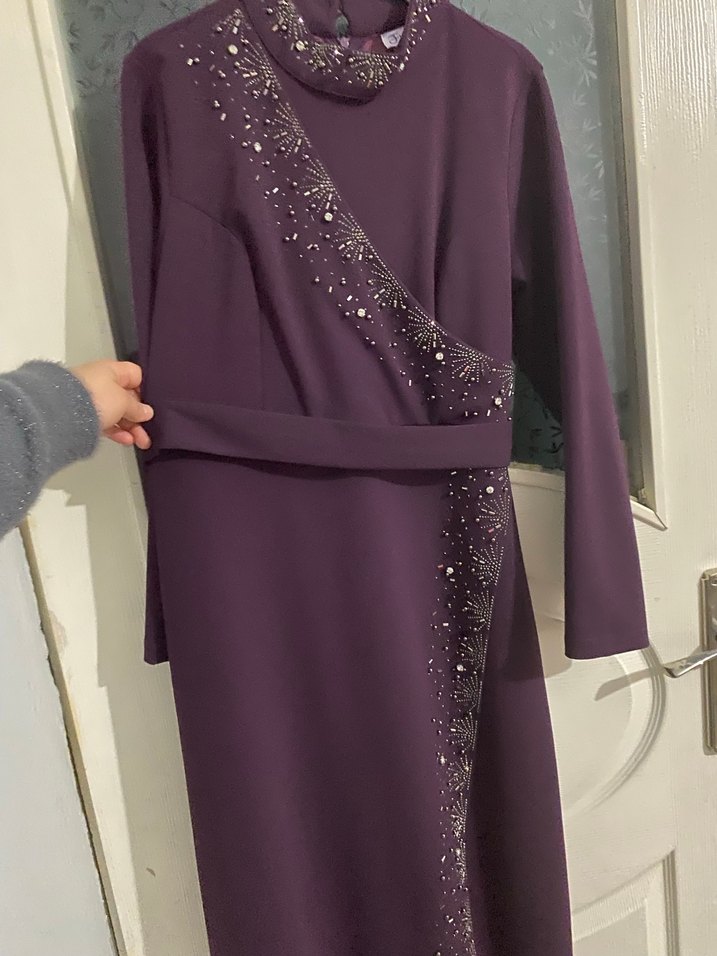 Mor Uzun Kollu İşlemeli Abiye Elbise - Görsel 5