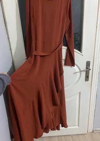 Kahverengi Uzun Drapeli Kadın Elbise - Görsel 2