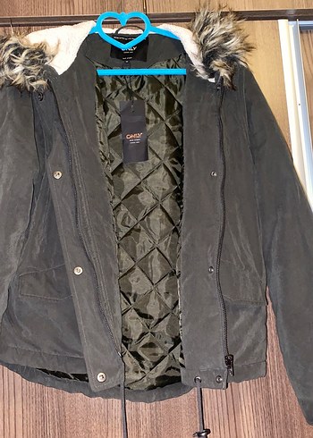 Haki Kadın Midi Kaban, Kürklü, Salaş Kesim - Görsel 10