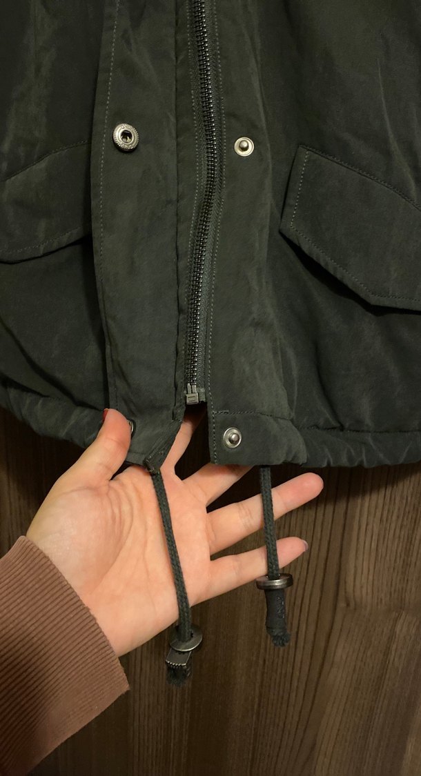 Haki Kadın Midi Kaban, Kürklü, Salaş Kesim - Görsel 3