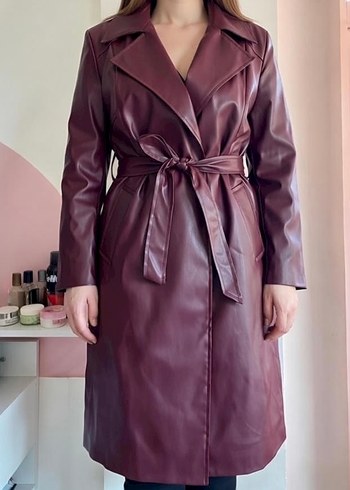 Bordo Deri Uzun Kadın Trençkot - Görsel 2