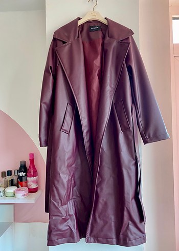 Bordo Deri Uzun Kadın Trençkot - Görsel 5