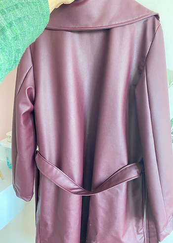 Bordo Deri Uzun Kadın Trençkot - Görsel 6