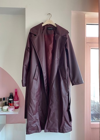 Bordo Deri Uzun Kadın Trençkot - Görsel 4