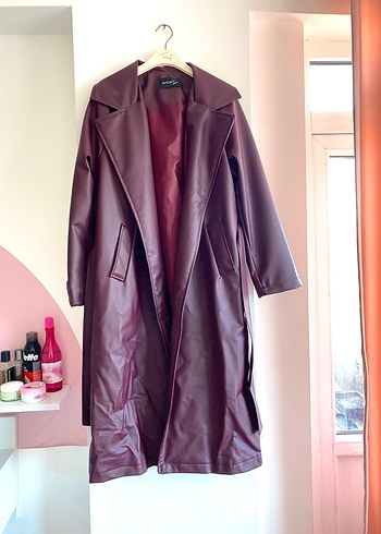 Bordo Deri Uzun Kadın Trençkot - Görsel 3