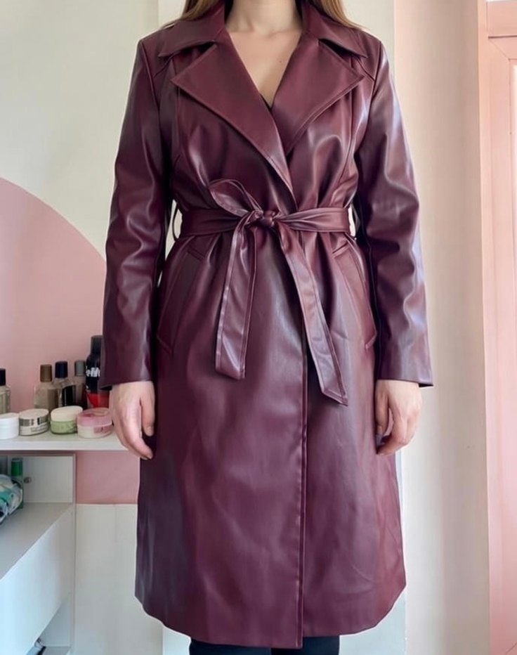 Bordo Deri Uzun Kadın Trençkot - Görsel 2