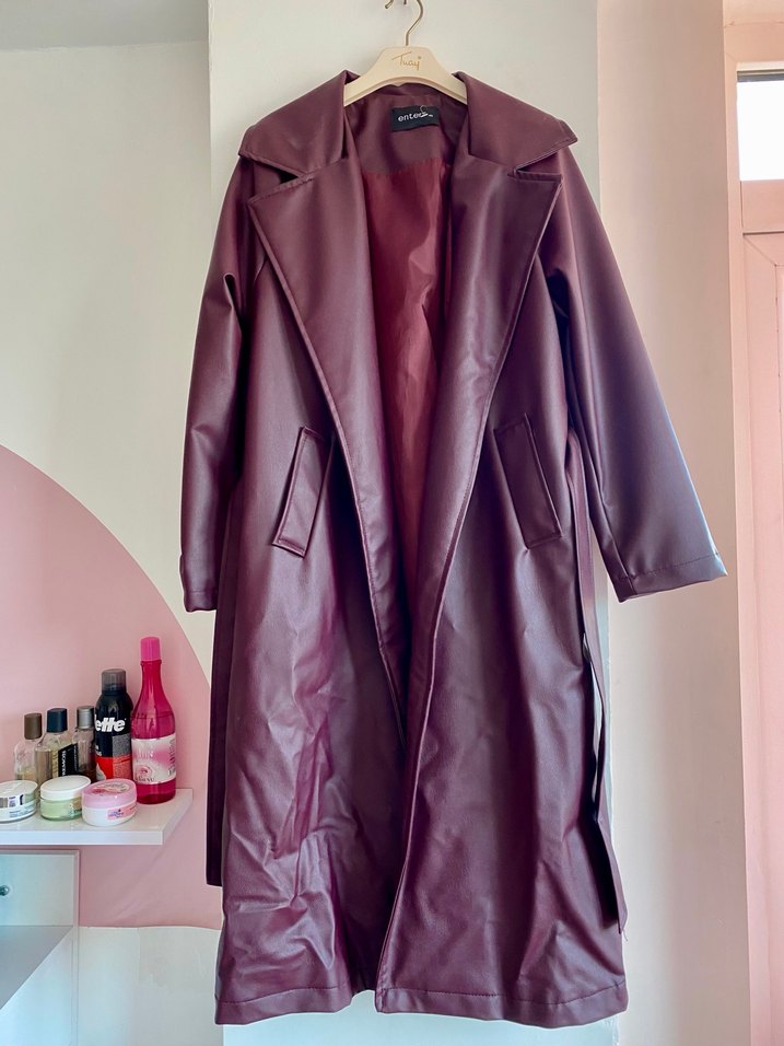 Bordo Deri Uzun Kadın Trençkot - Görsel 5