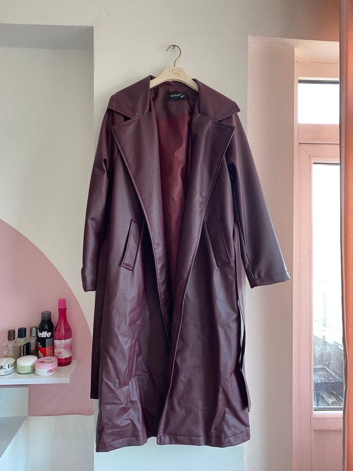 Bordo Deri Uzun Kadın Trençkot - Görsel 4