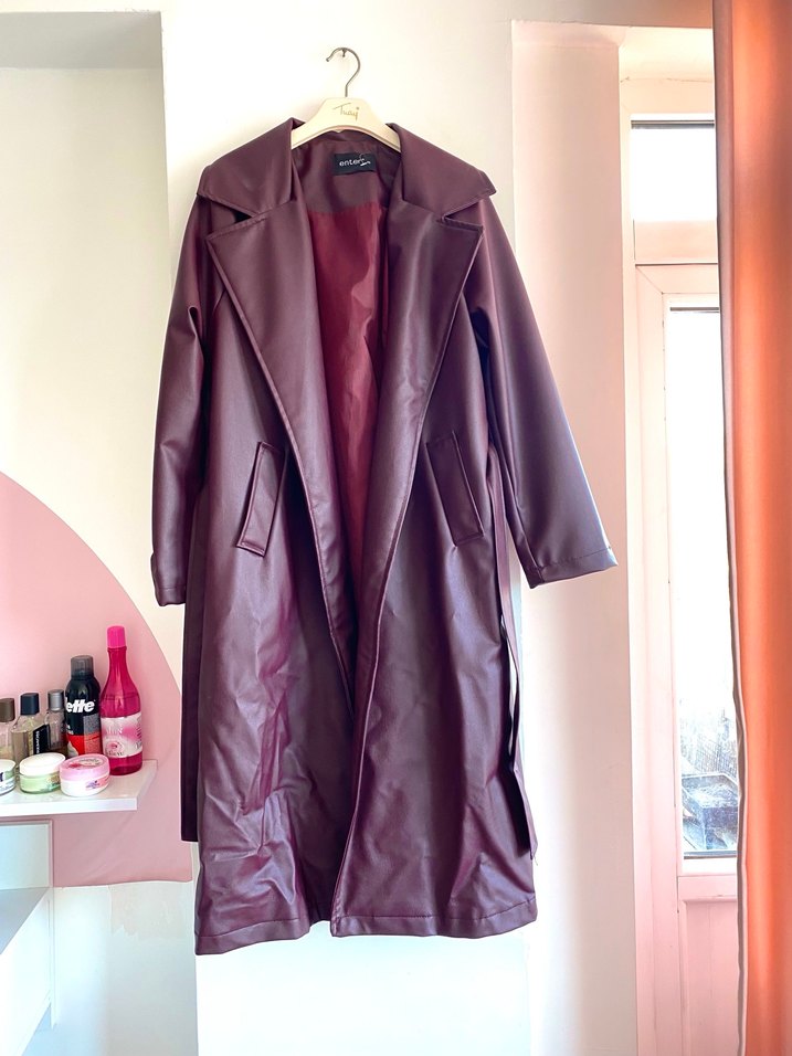 Bordo Deri Uzun Kadın Trençkot - Görsel 3