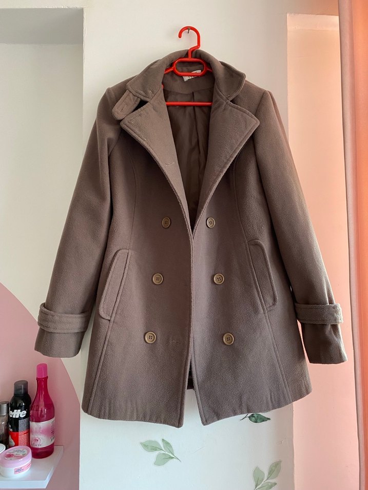 Çift Düğmeli Kahverengi Kaban - Görsel 5