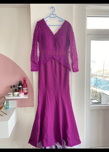 Uzun Kollu Mor Dantel Abiye Elbise - Görsel 2