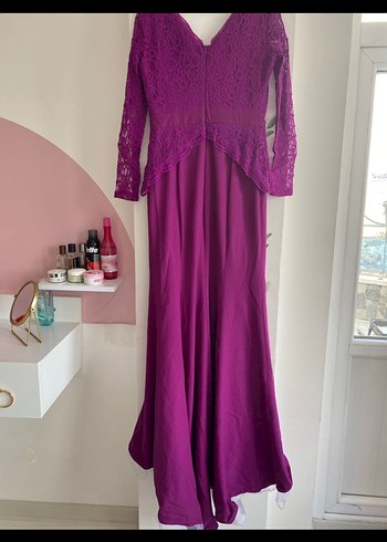 Uzun Kollu Mor Dantel Abiye Elbise - Görsel 4