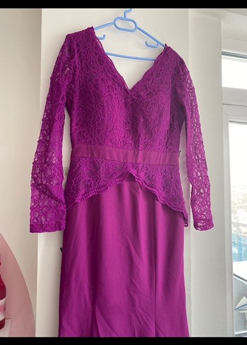 Uzun Kollu Mor Dantel Abiye Elbise - Görsel 3