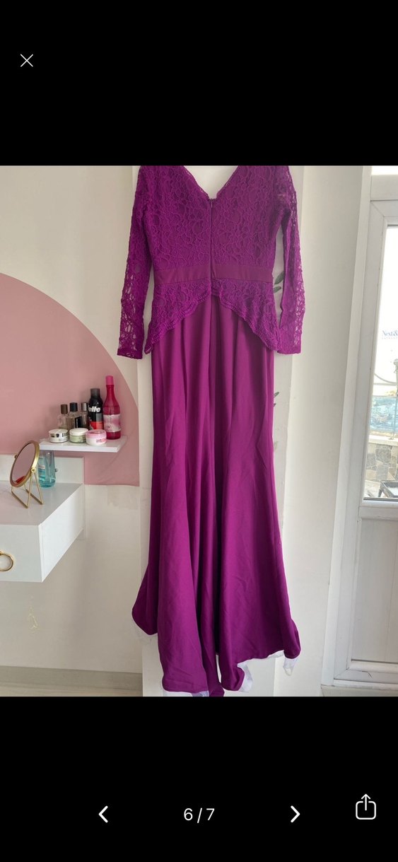 Uzun Kollu Mor Dantel Abiye Elbise - Görsel 4