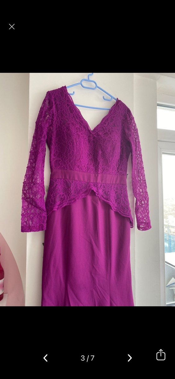 Uzun Kollu Mor Dantel Abiye Elbise - Görsel 3