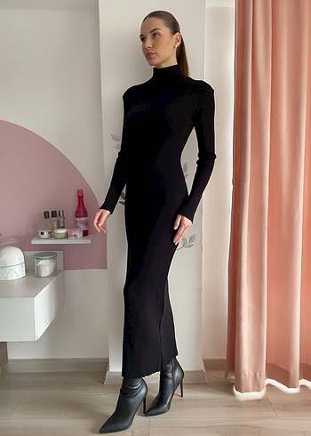 Uzun Siyah  triko Elbise - Görsel 5