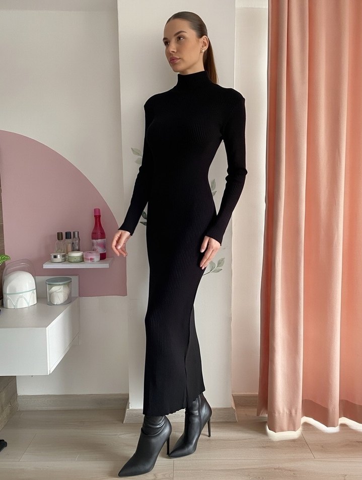 Uzun Siyah  triko Elbise - Görsel 5