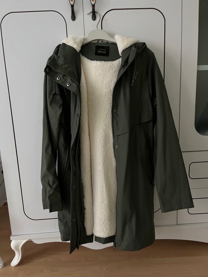 Kadın Haki Midi Yağmurluk, Düğmeli, Kapüşonlu - Görsel 4