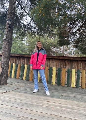 Pembe Batik Desenli Oversize Midi Kışlık Ceket