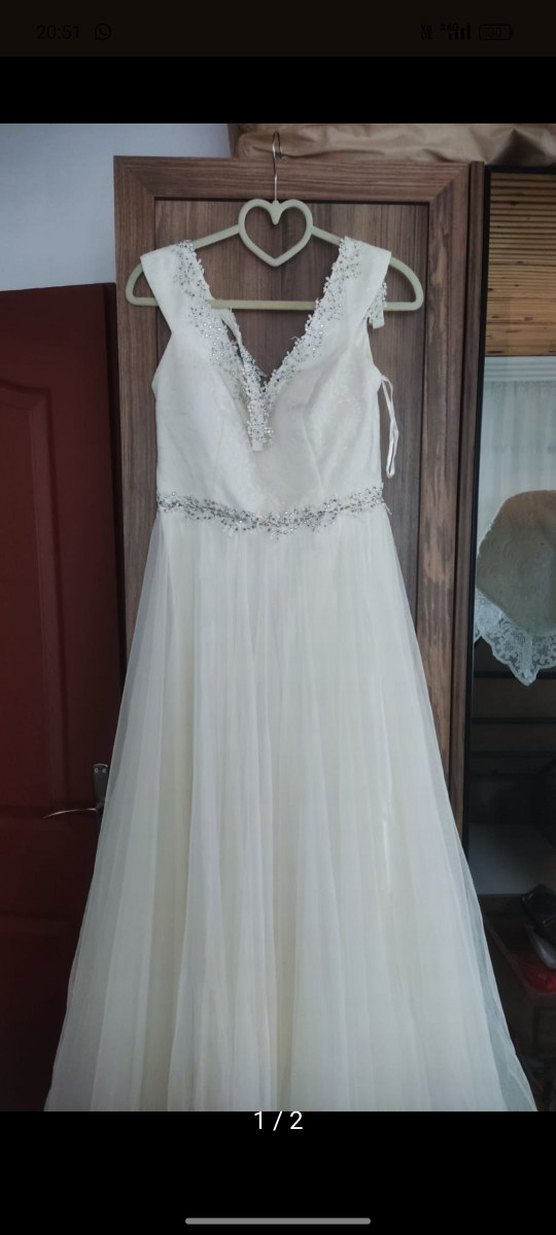 V Yaka Kolsuz A Kesim Beyaz Gelinlik - Görsel 2